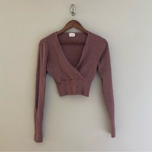 DREAMERS BY DEBUT Mauve Ribbed Wrap Style V-Neck Cropped Sweater SIze L